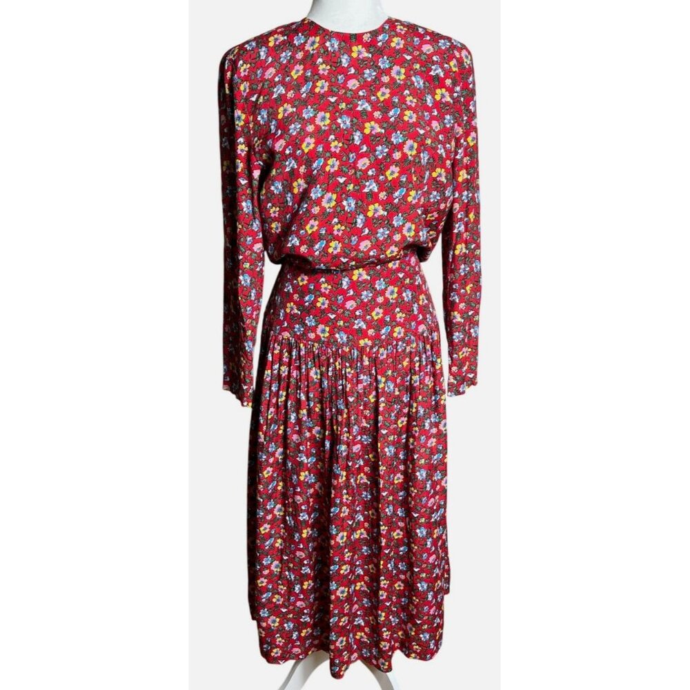 Depeche Mode Dress Midi Red Floral Rayon Vintage 80s Blouson Modest Womens 6